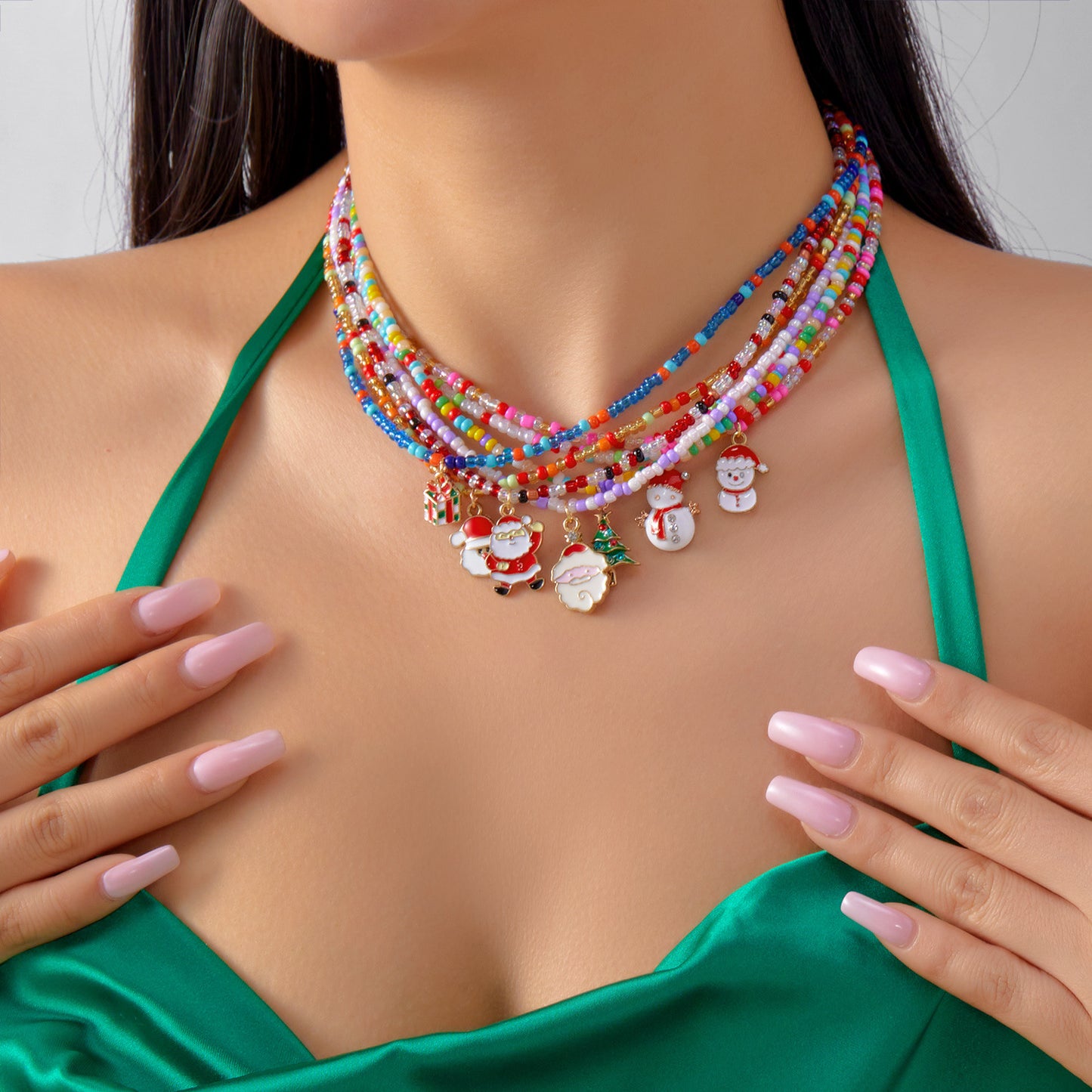 Christmas Cartoon Santa Bell Snowman Snowflake Pendant Colorful Seed Bead Necklace for Women