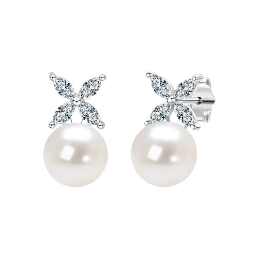 Fashionable freshwater pearl earrings s925 pure silver round strong light bulb earrings